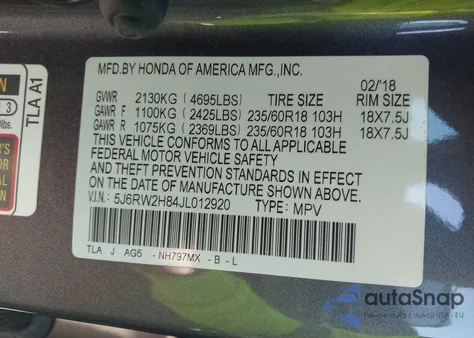 2018 Honda Cr-V Ex-L/Ex-L Navi из США, поврежденный, VIN 5J6RW2H84JL012920